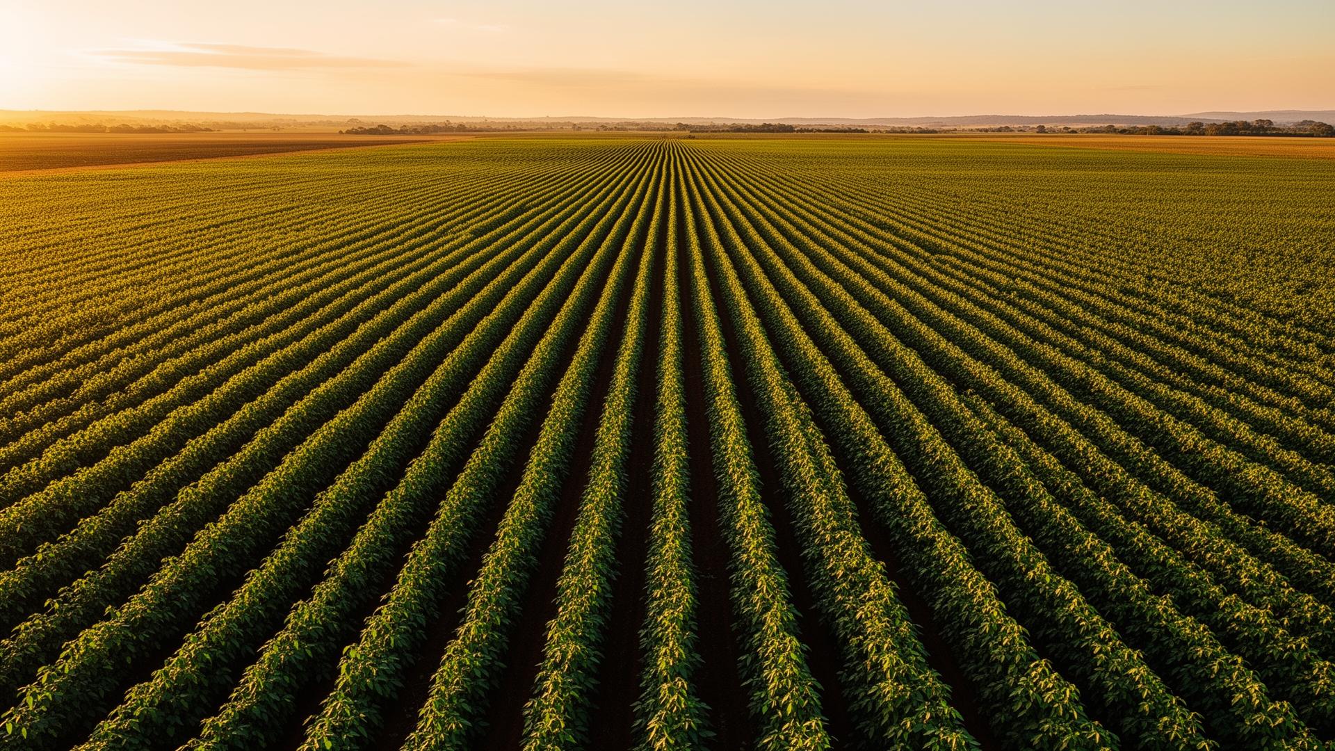 Lavoura de soja ao entardecer